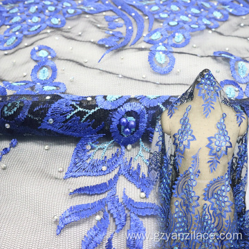 Navy Blue Floral Beaded Embroidery Lace Fabric